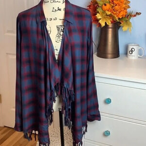 Willow & Clay Women's Blue And Red Plaid Open Cardigan Fringed Size S